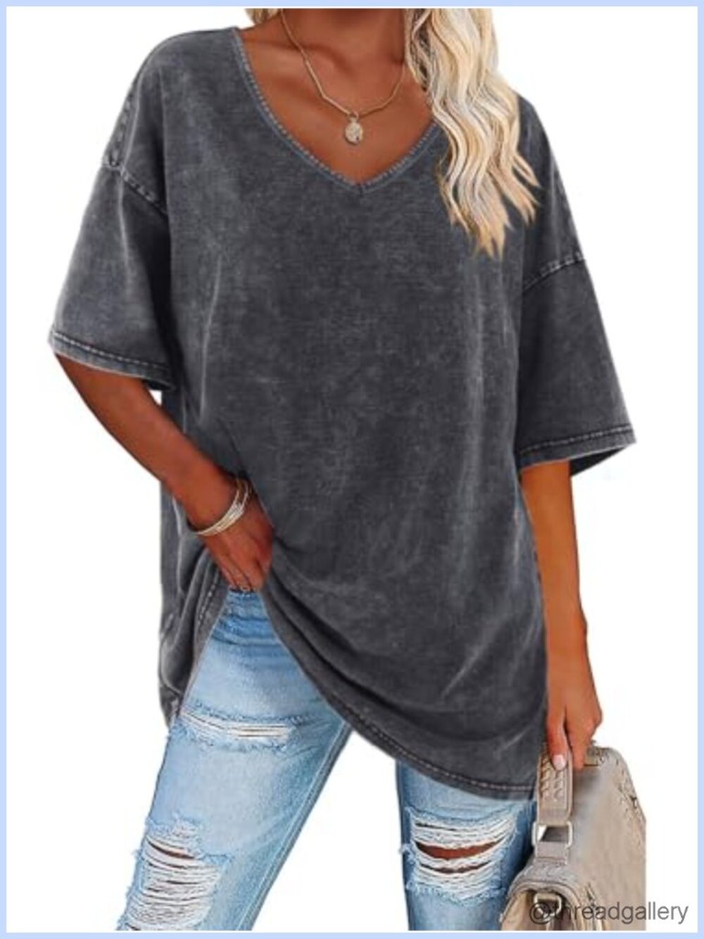Oversized V Neck Tunic Tee Short Sleeve Boyfriend Fit Cotton Top